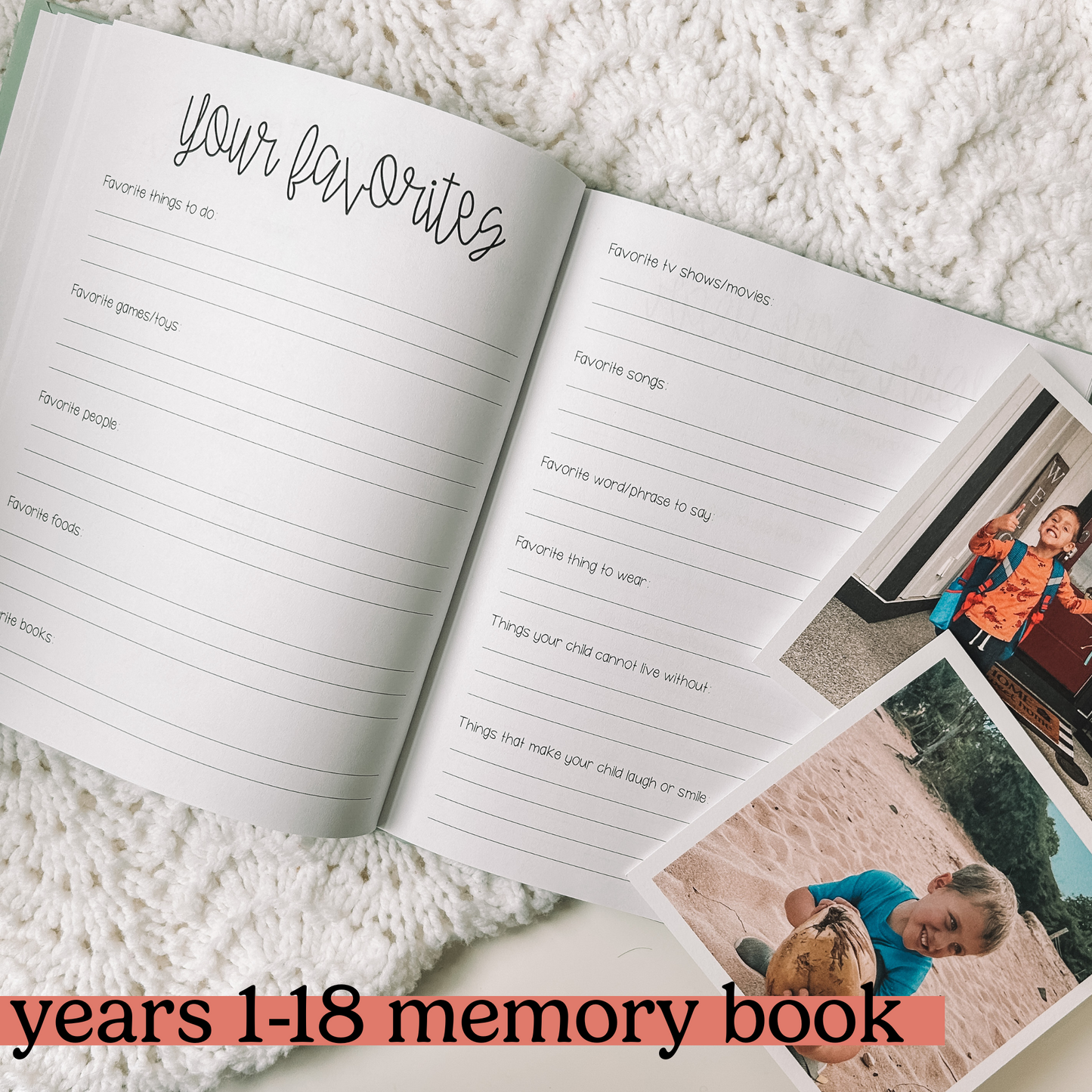 Two page spread titled Your Favorites with five prompts on the left and six on the right page.