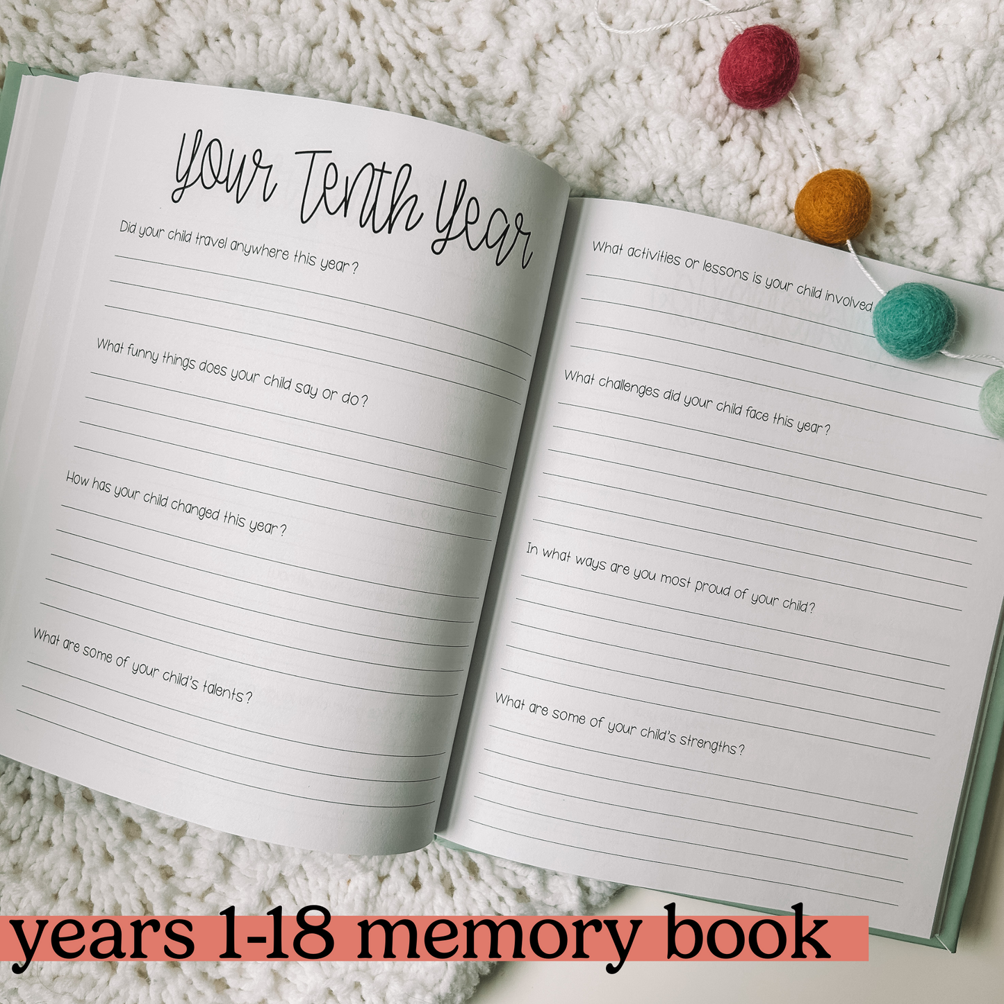 Two page spread titled Your Tenth Year with four prompts on the left and four prompts on the right page.