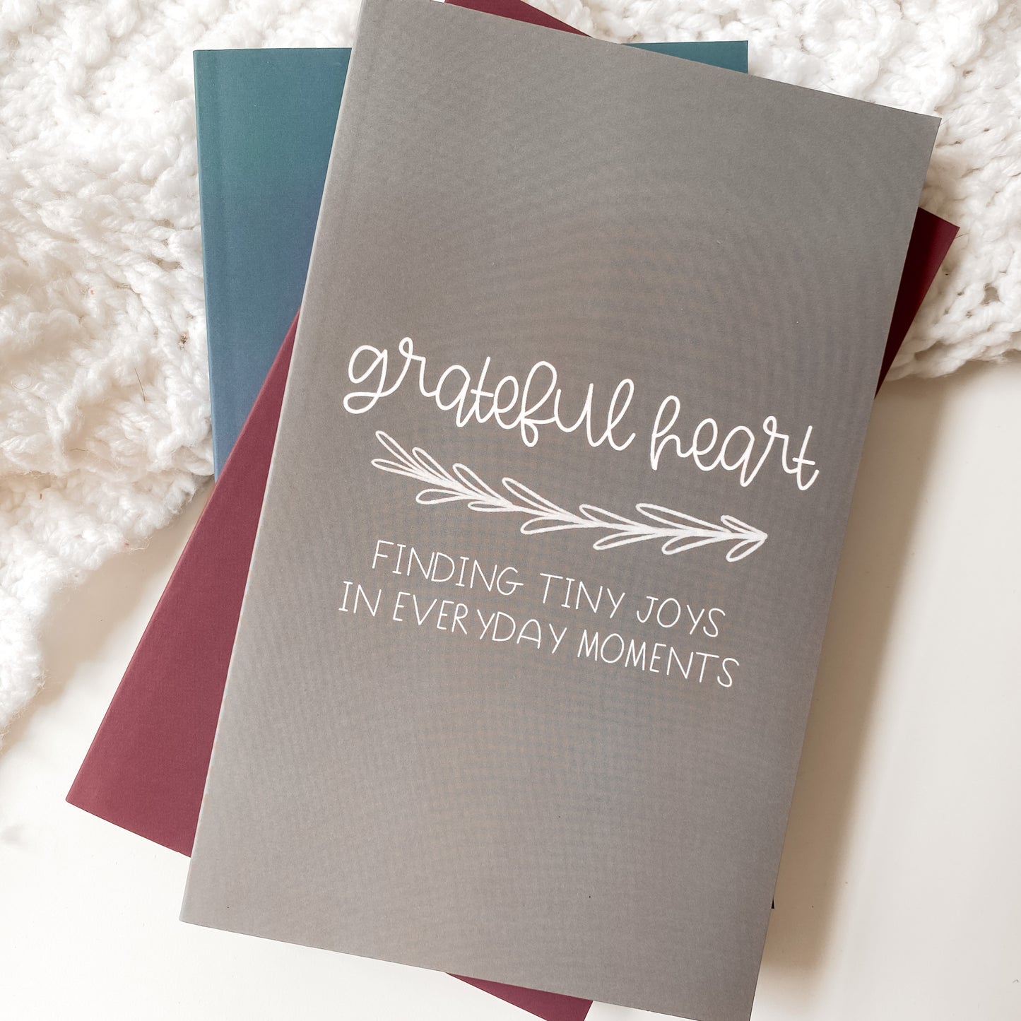 Grey gratitude journal titled Grateful Heart Finding Tiny Joys in Everyday Moments