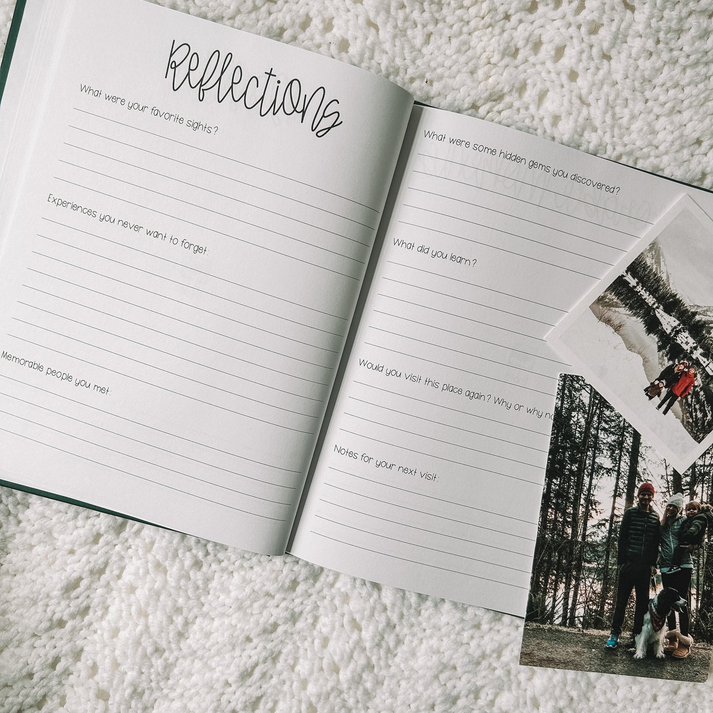 Two page spread titled Reflections that has seven prompts with blanks lines to record your experiences.