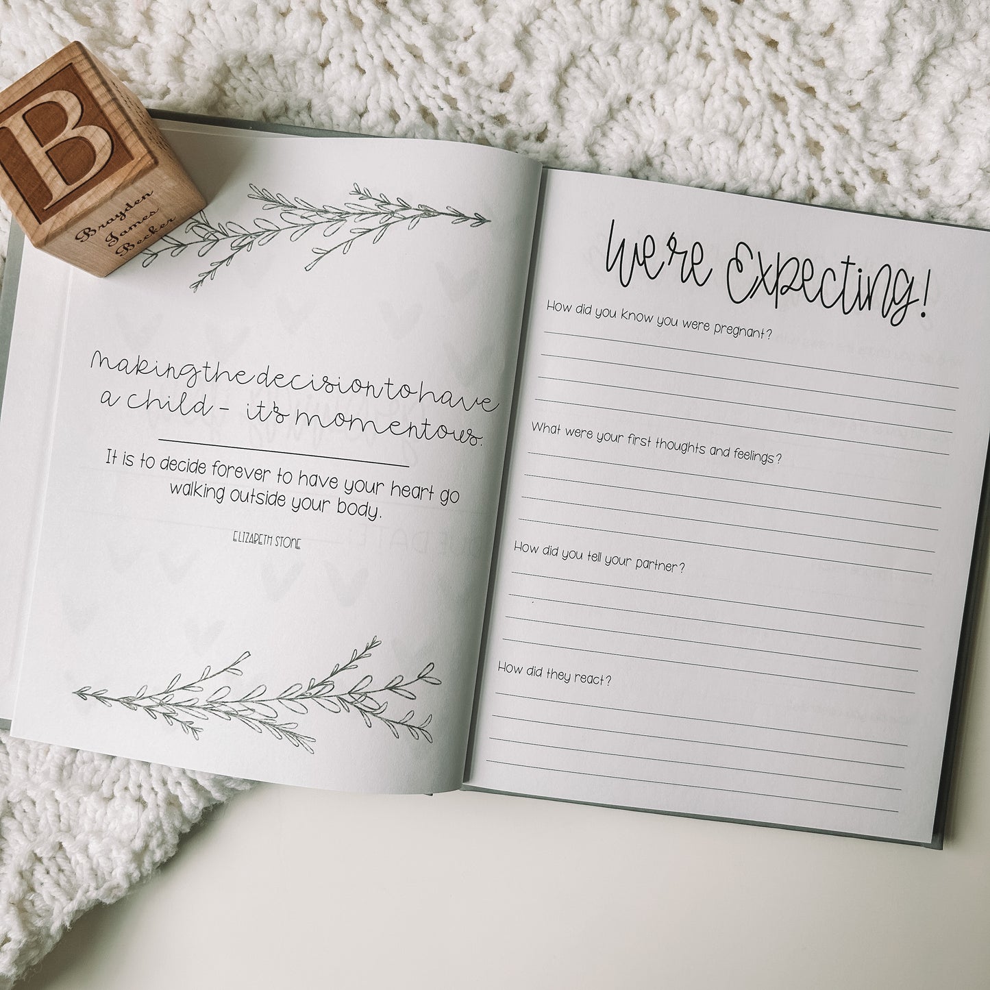 Two page spread features a quote on the left page and We're Expecting with four prompts on the right page.
