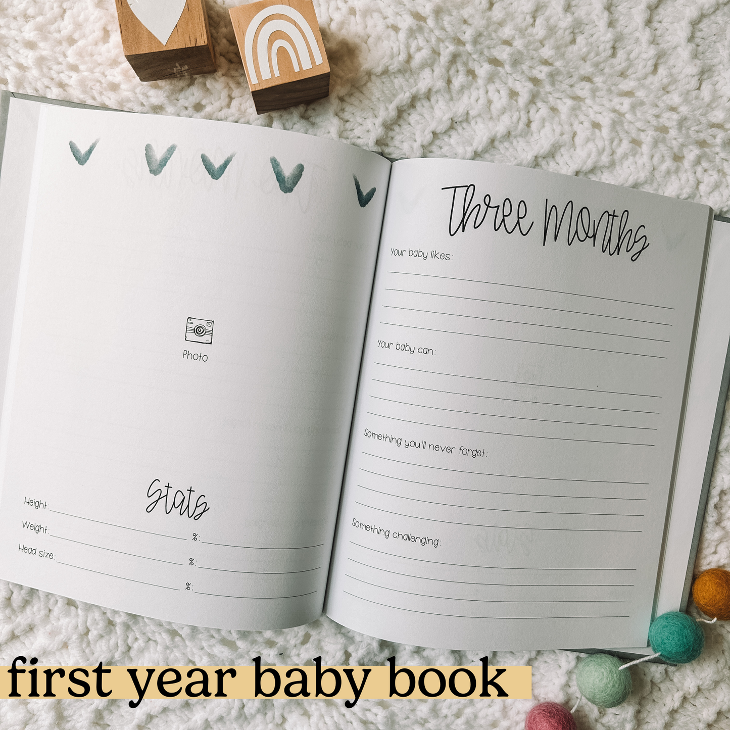 Monthly updates are a two page spread. Lefthand side has a spot for a photo and baby stats. Righthand side has the same four prompts repeated each month.