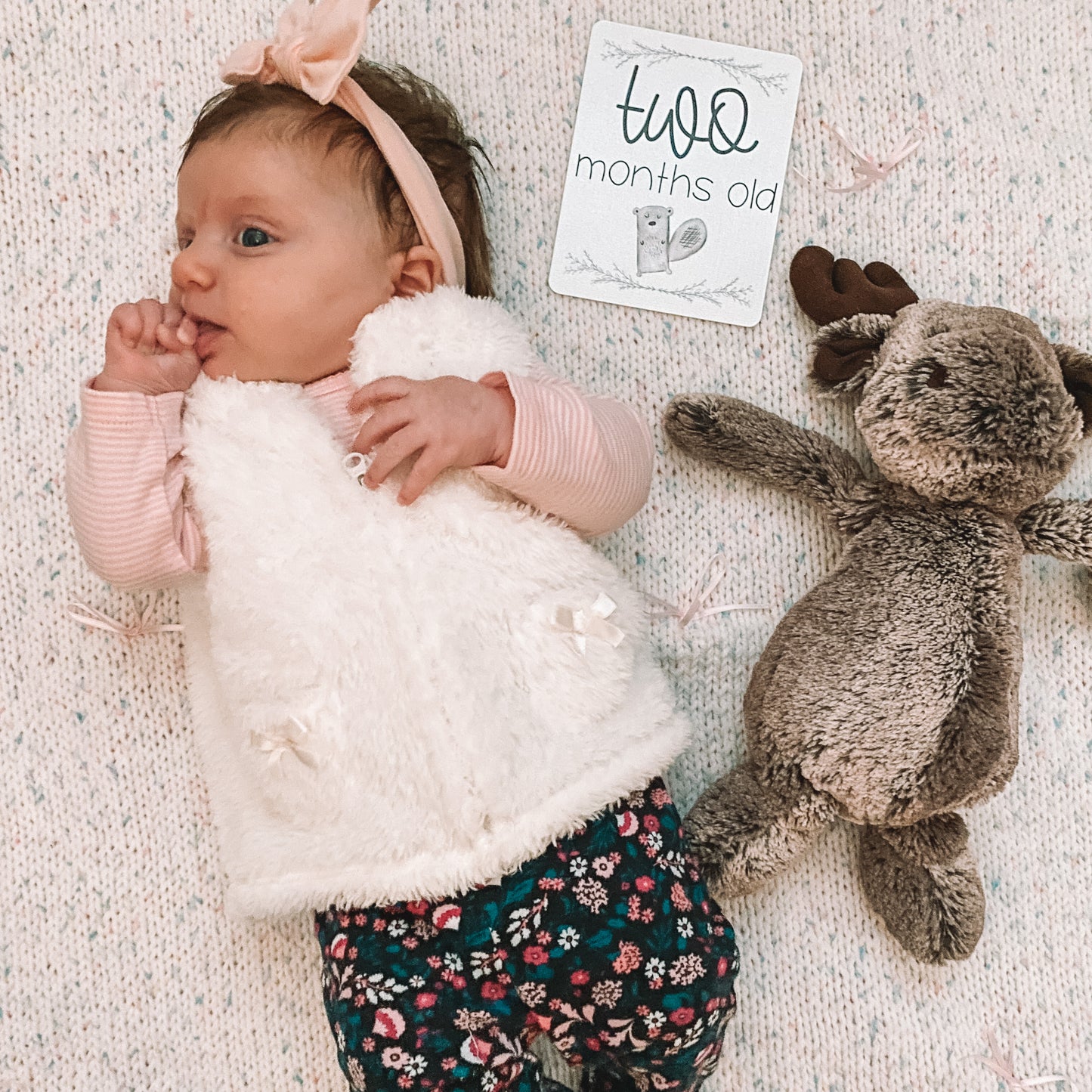 baby lying on a blanket with a two months old card next to her