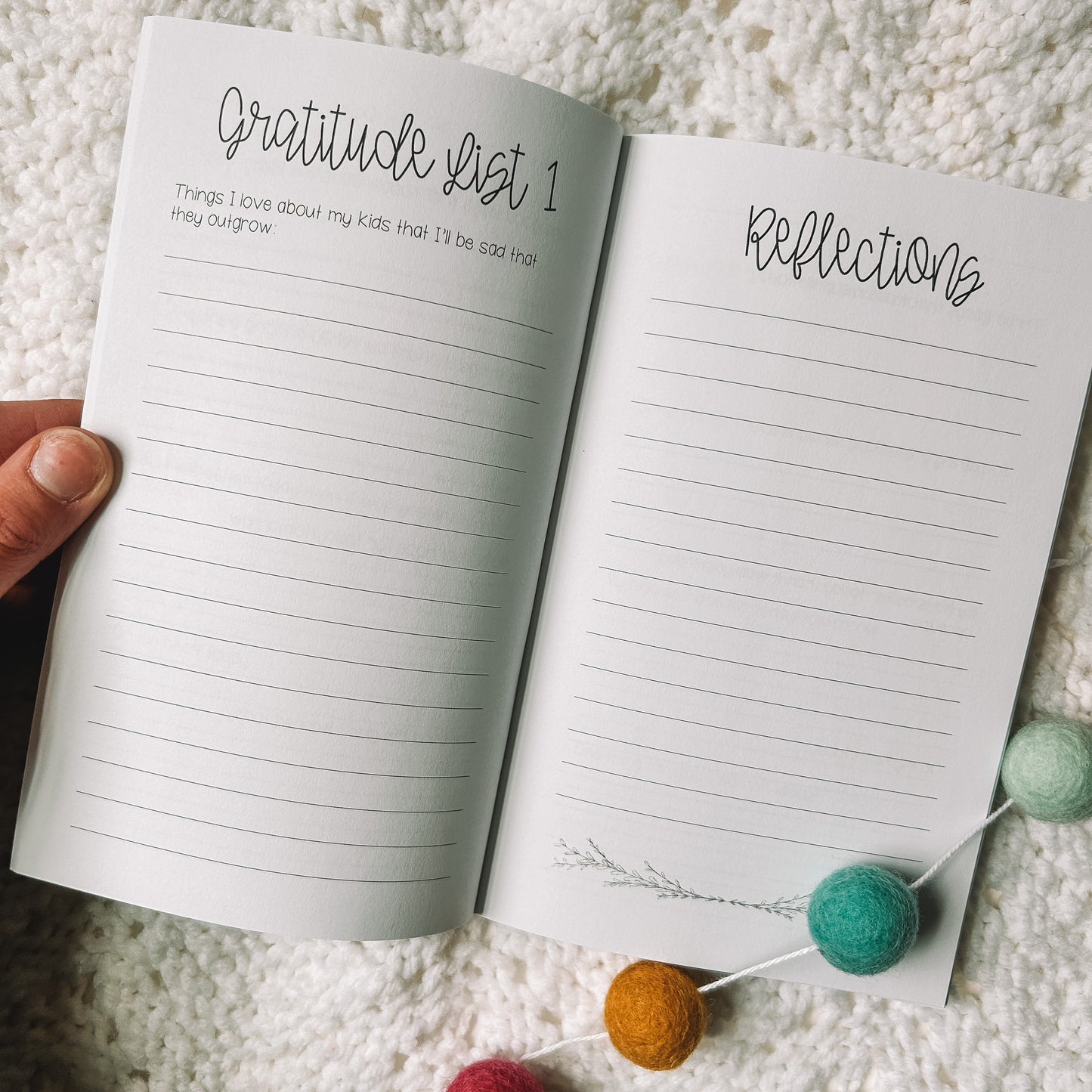 Gratitude list one is Things I love about my kids that I'll be sad that they outgrow with a full lined page. Opposite page is titled reflections with a full lined page.