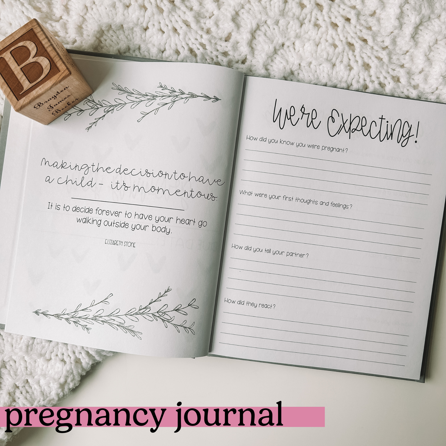 Two page spread features a quote on the left page and We're Expecting with four prompts on the right page.