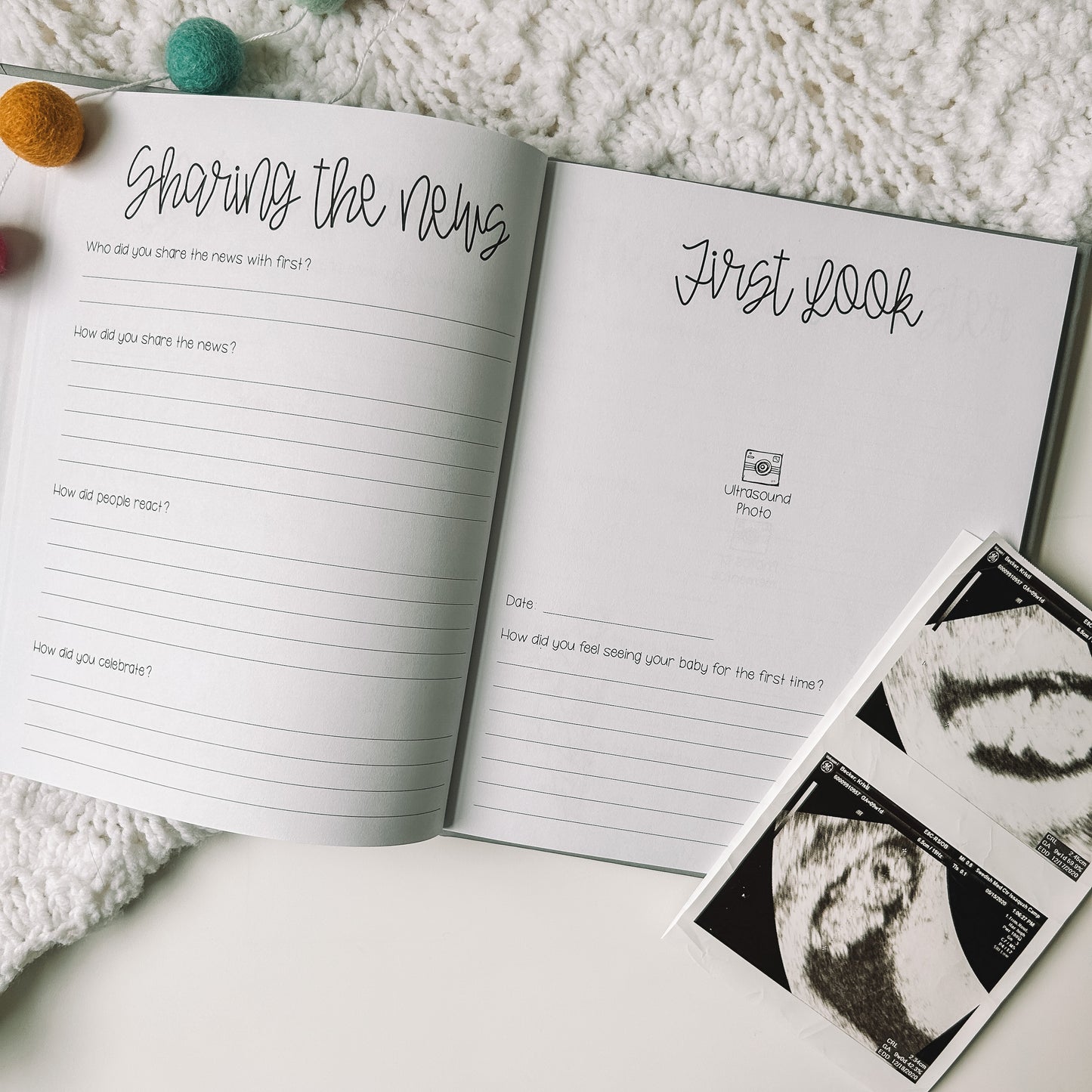 Two page spread features Sharing the News with four prompts on the left side and First Look with a spot for ultrasound photo, date, and prompt on the right side.