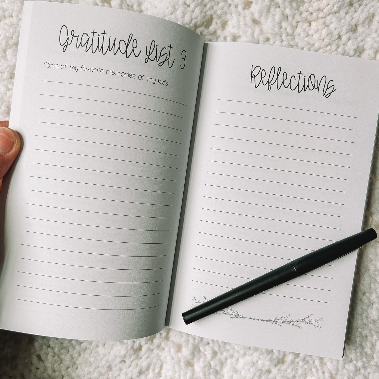 Gratitude list three is Some of my favorite memories of my kids with a full lined page. Opposite page is titled reflections with a full lined page.