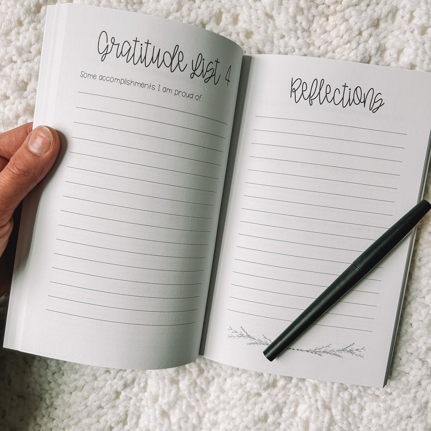 Gratitude list four is Some accomplishments I am proud of with a full lined page. Opposite page is titled reflections with a full lined page.