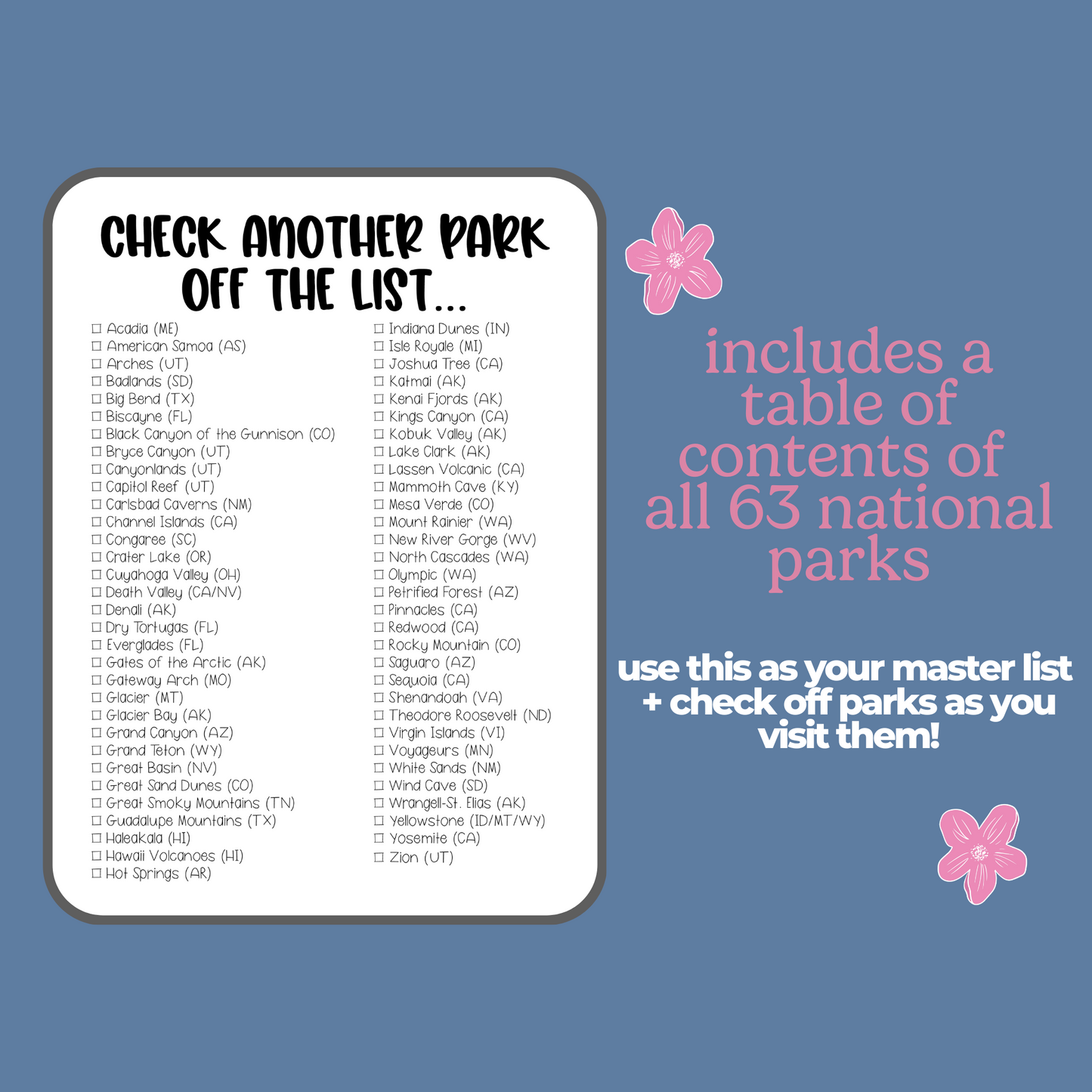 Printable National Parks Bucket List Journal and National Park Checklist