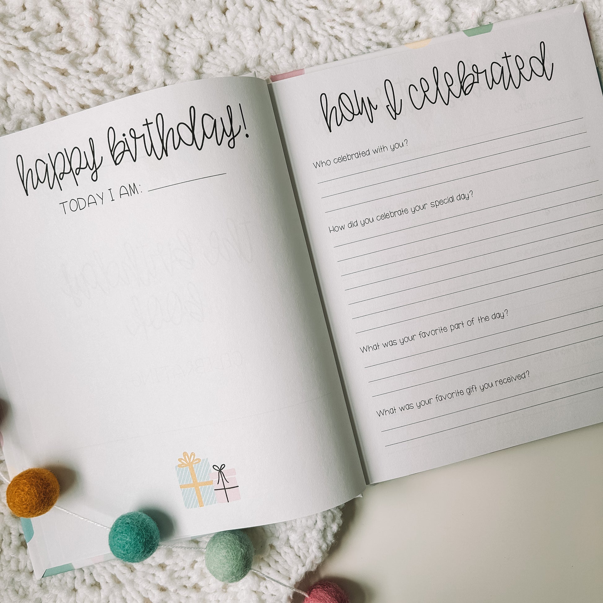 Two page spread is titled Happy Birthday on the left page with the text today I am with a blank line next to it beneath the title. Then there is blank space for a photo. The page on the right is titled How I celebrated with four prompts.