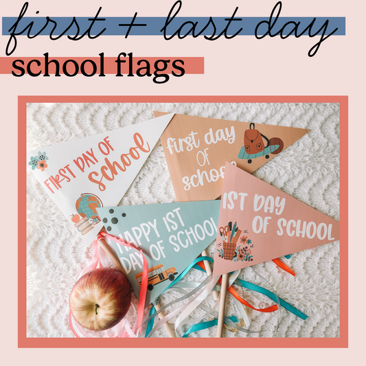 Four first day of school pennant flags. One is pink with florals and a cup filled with writing utensils. One is orange with a backpack on a skateboard next to a basketball. One is blue with a school bus. One is white with florals, books, and a globe