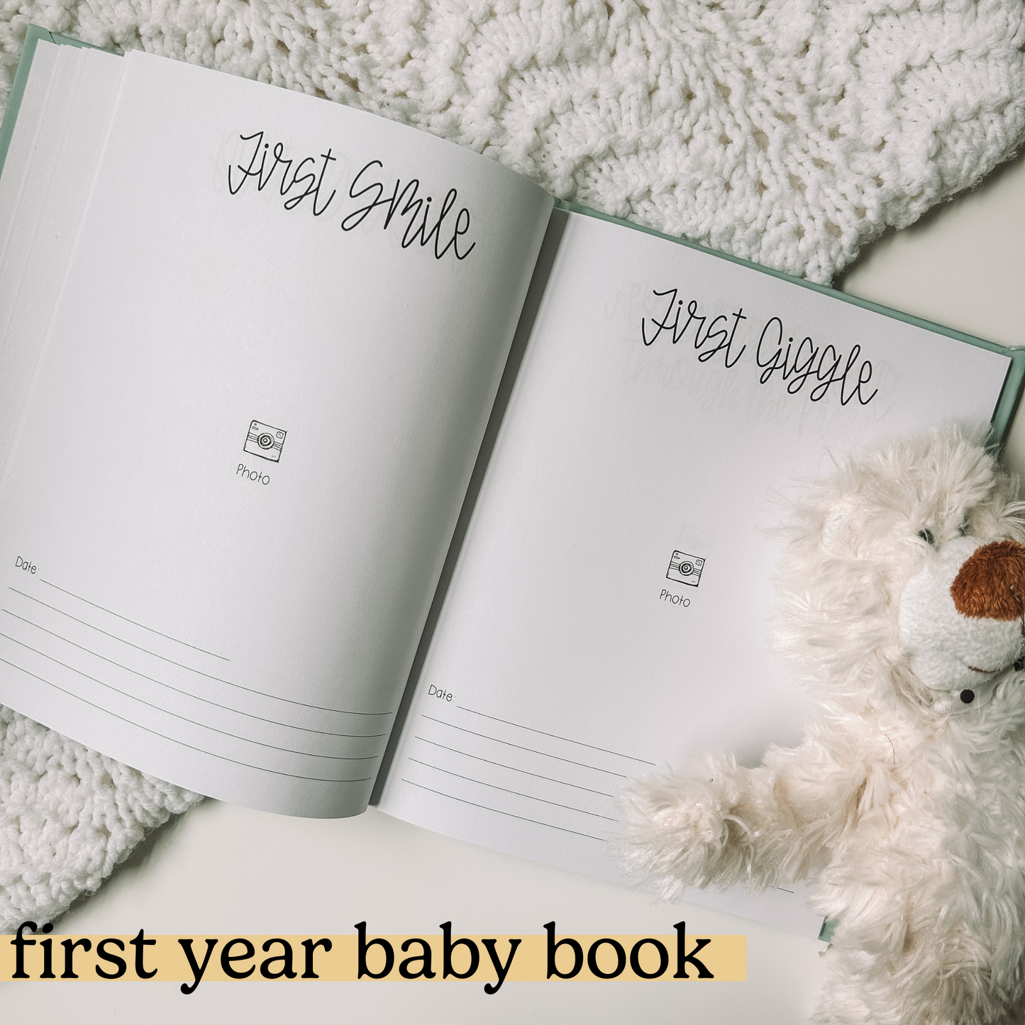 Baby firsts pages include a space for a photo, the date, and a few lines to write about the milestone. This two page spread is first smile and first giggle.
