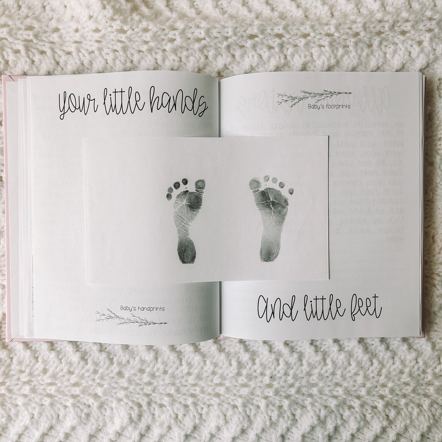Two page spread for baby handprints and footprints.