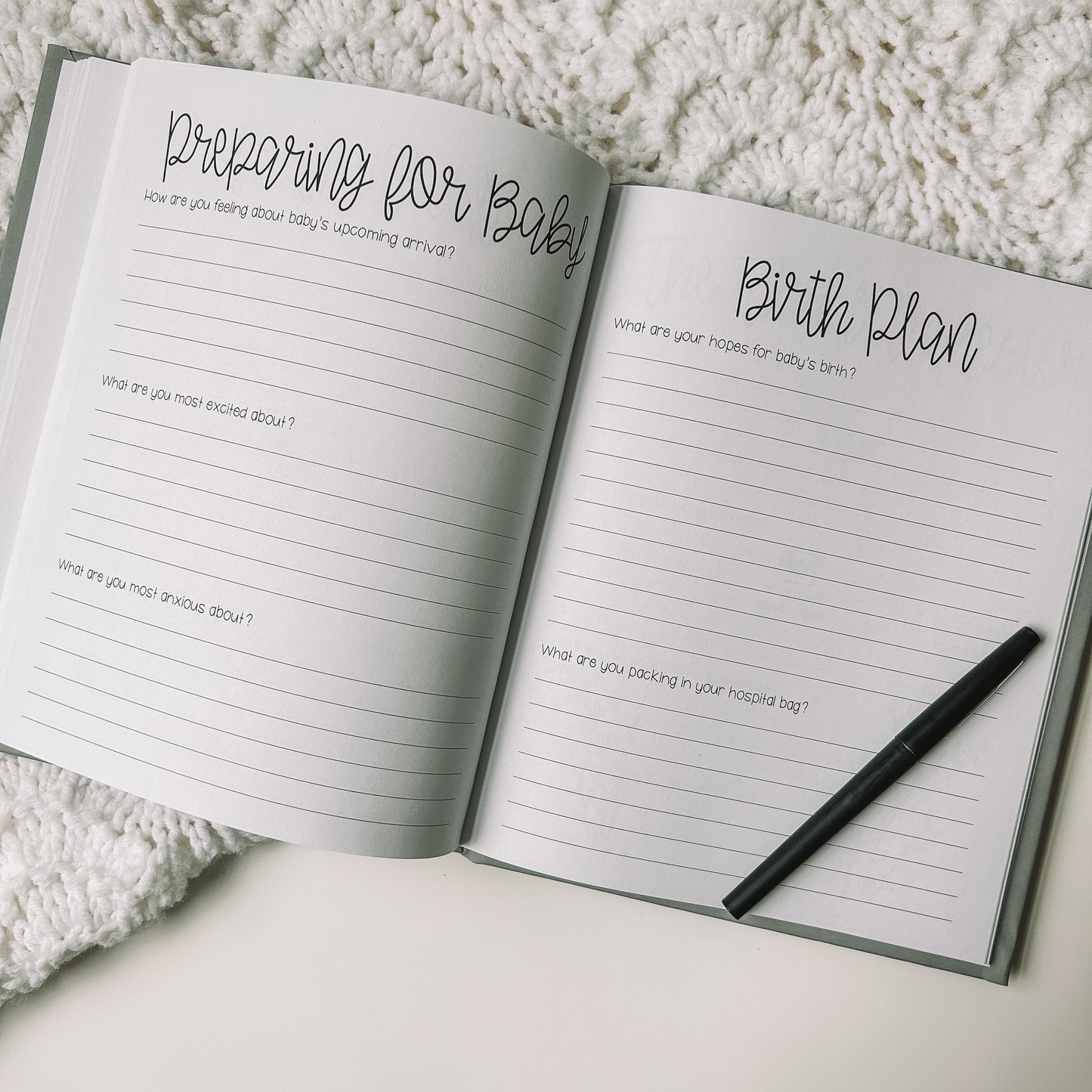 Two page spread features Preparing For Baby and three prompts on the left page and Birth Plan with two prompts on the right page.