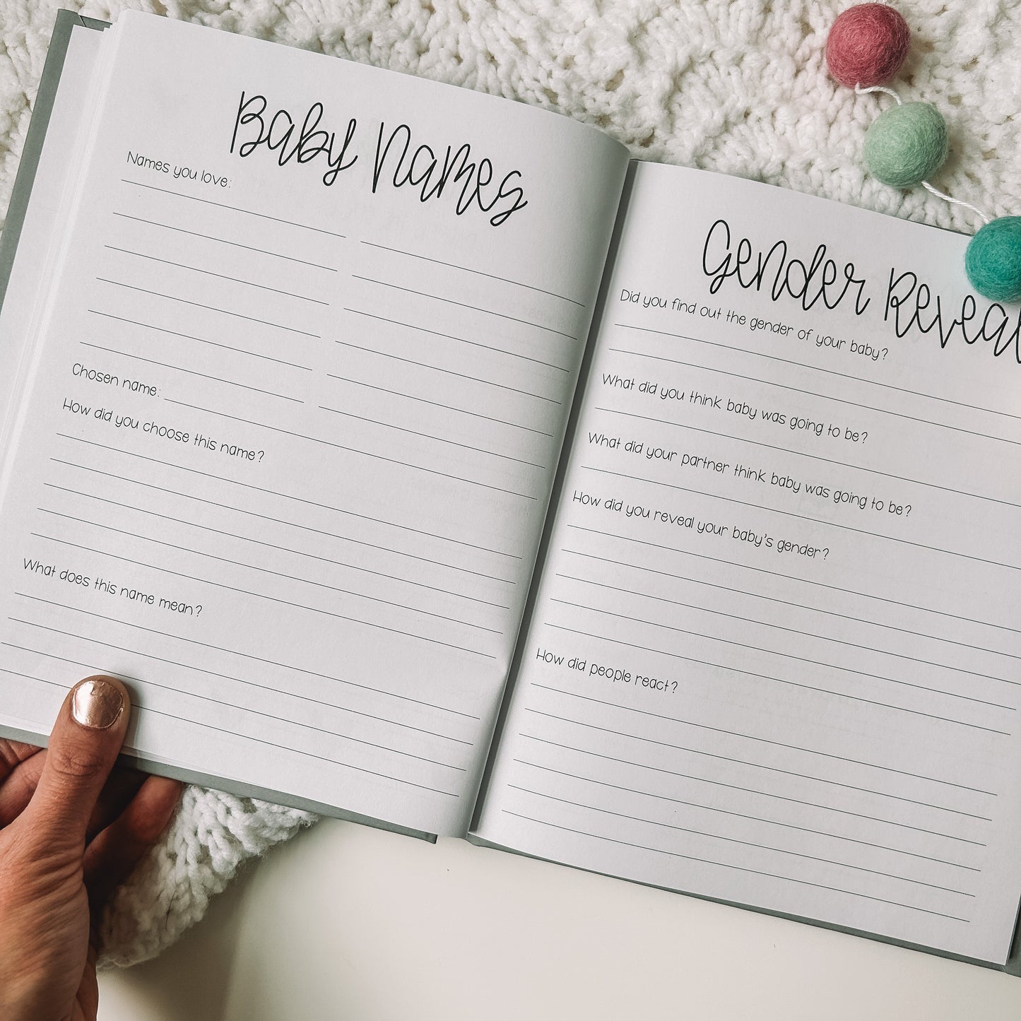 Two page spread features Baby Names on the left page with lines to record names, the chosen name and two additional prompts. The right page is titled Gender Reveal with five prompts.