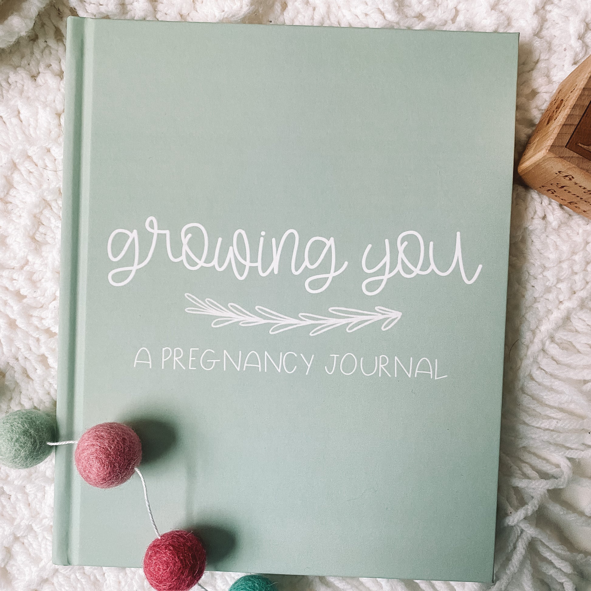 Green hardcover book with white text titled Growing You A Pregnancy Journal