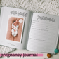 Two page spread with one page titled Hello World with photo of a newborn baby. The page on the right is titled First Moments with space fore birth details and two prompts.