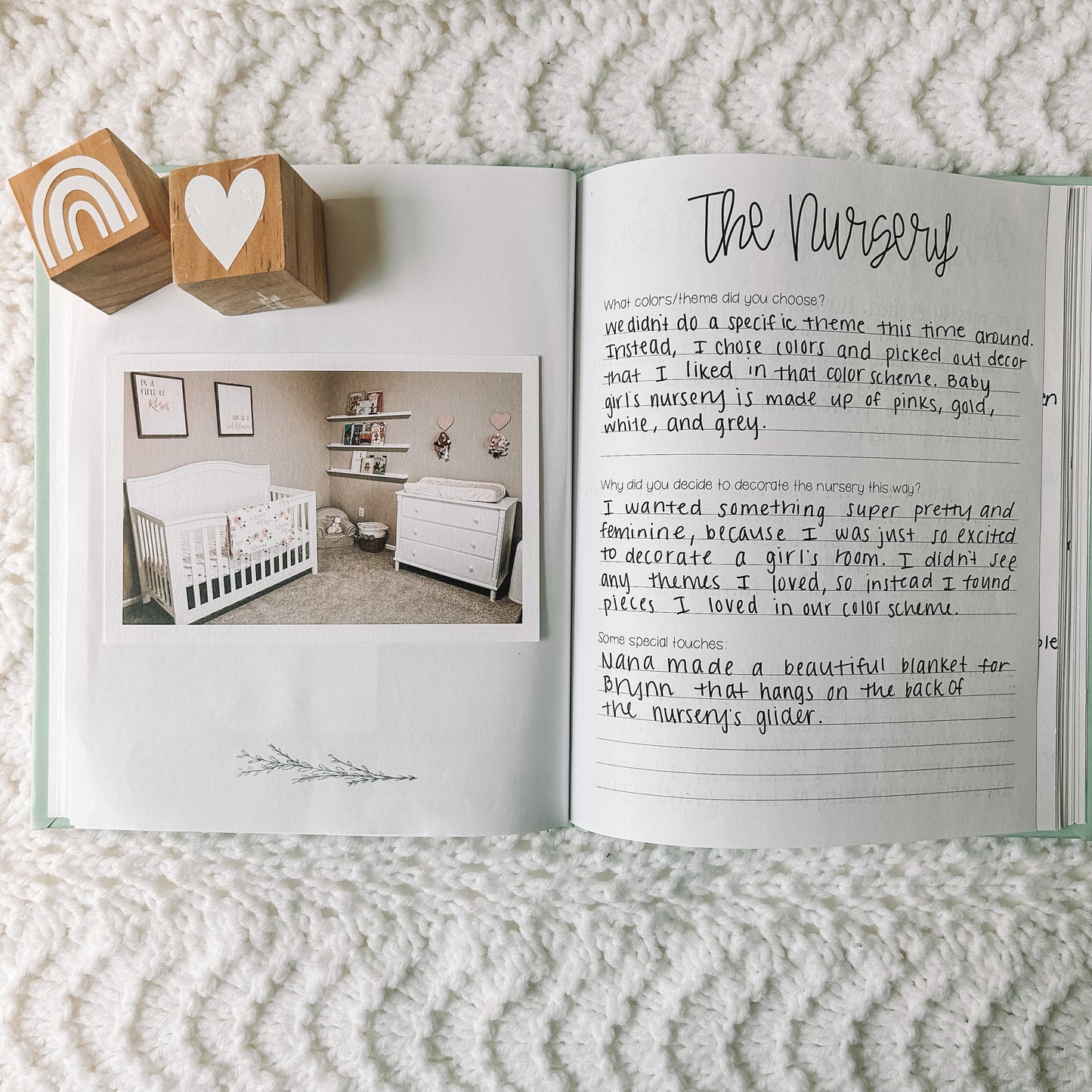 Two page spread features a photo of a nursery on the left page and a page titled The Nursery with three prompts on the right page.