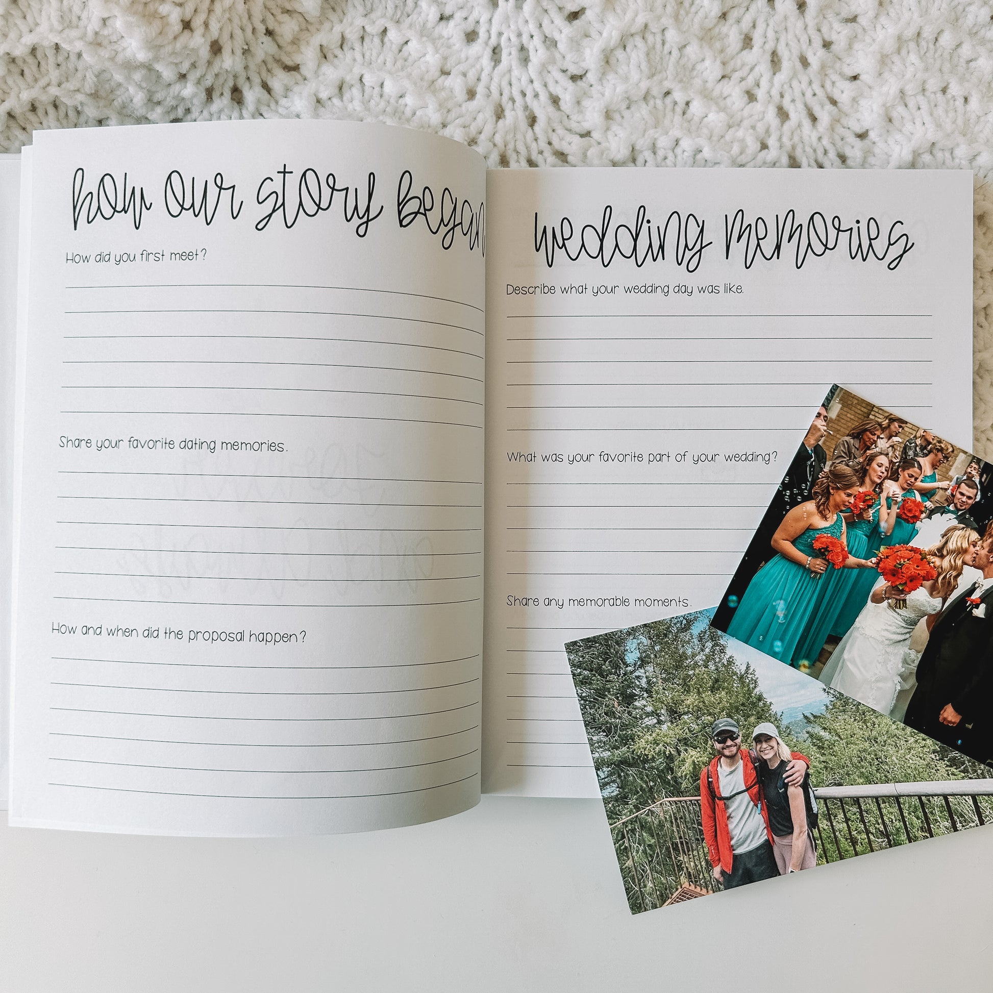 Two page spread in prompted anniversary journal. Left page is titled how our story began with prompts and lines beneath each prompt. Right page is titled wedding memories with prompts and lines beneath them. Photos of a couple are next to the book