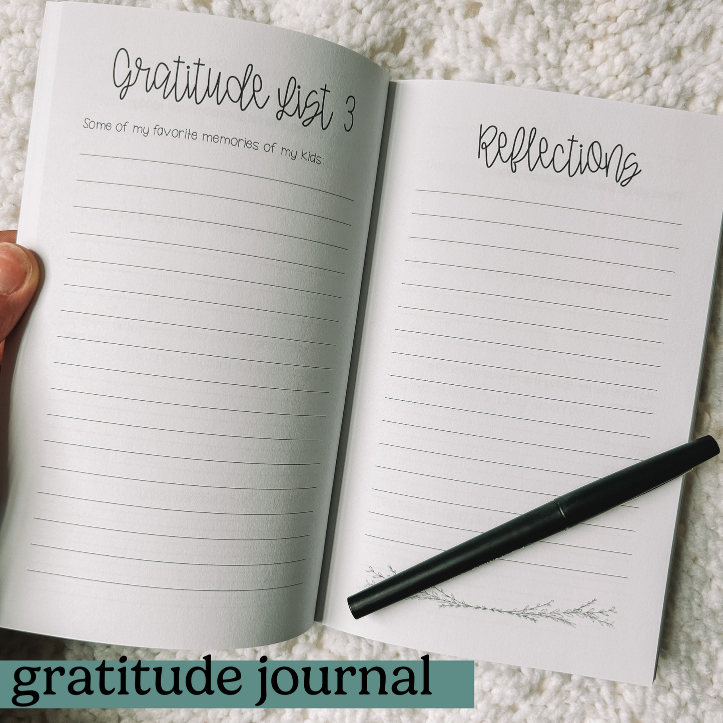 Gratitude list three is Some of my favorite memories of my kids with a full lined page. Opposite page is titled reflections with a full lined page.