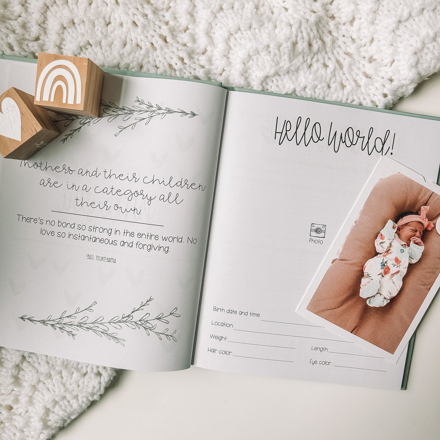 Little You begins with a quote about motherhood on the lefthand side and a page titled Hello World on the righthand side. There is a space for a photo and to write birth details.