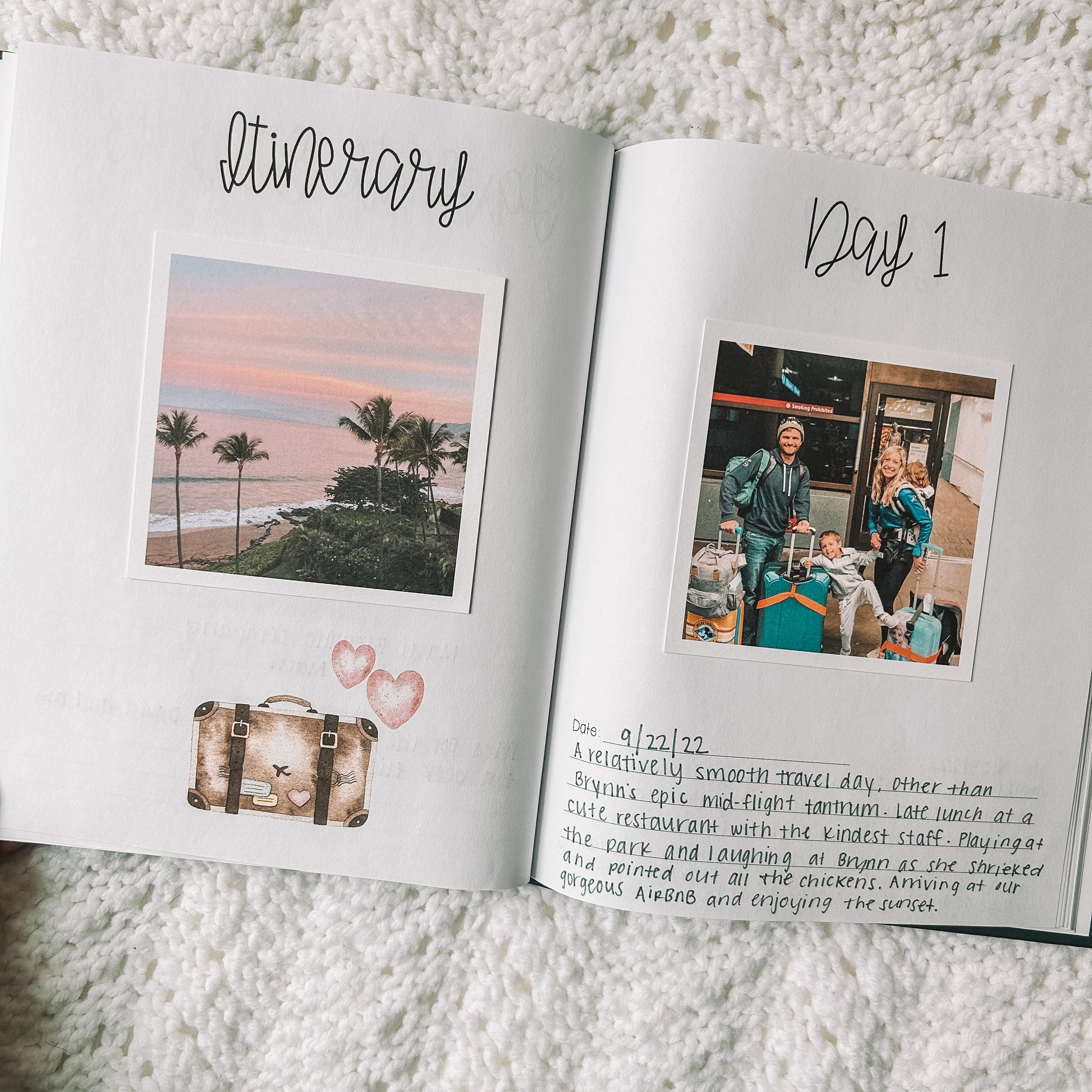 Lefthand side is titled Itinerary with a graphic of a suitcase and hearts at the bottom and blank space in the middle. Righthand side is titled Day 1, has space for a photo, the date, and blank lines to record about your day.
