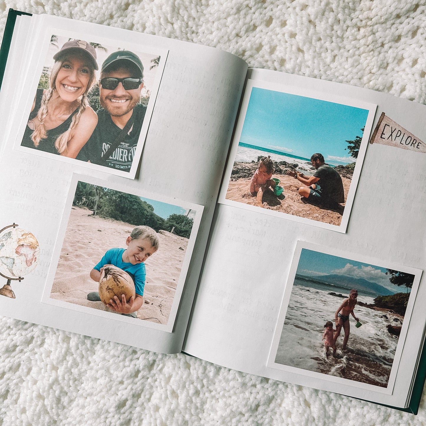 Two page spread featuring two square photos on each page.