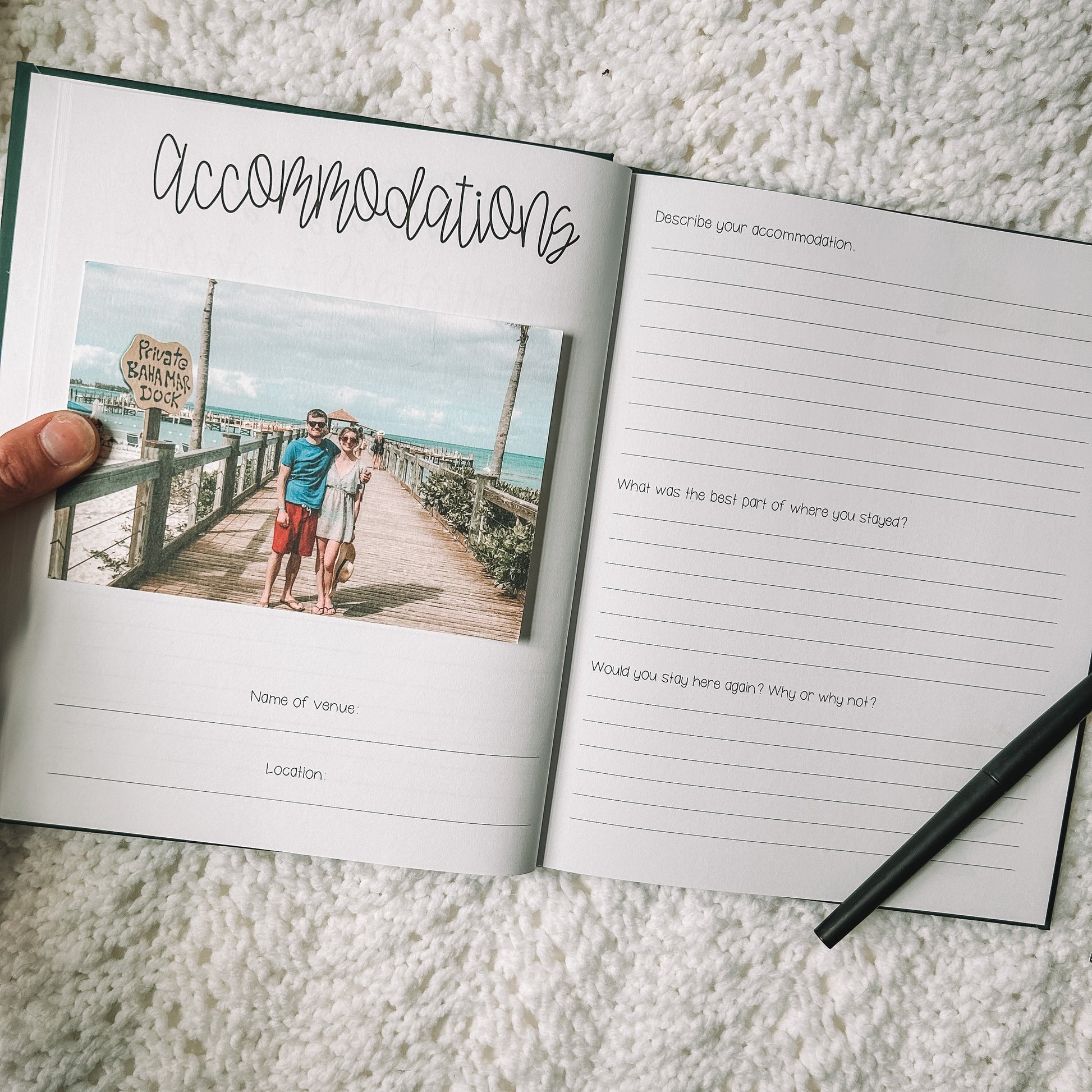 Accommodations has a two page spread. Lefthand side has space for a photo, the name of the venue, and the location. Righthand side has three primos about the accommodation with ample lined space to record answers.