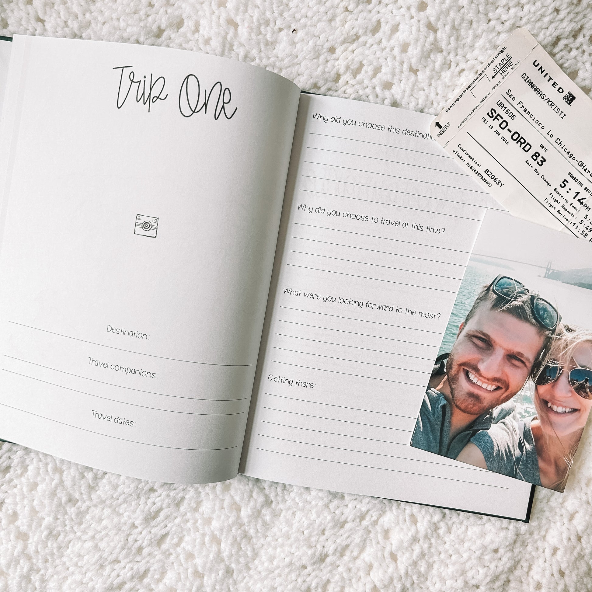 Three trips can be recorded. Each trip begins with a two page spread. Lefthand side has the trip number, space for a photo, and room to record the destination, travel companions, and travel dates. Righthand side has four prompts about the trip.