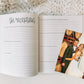 Two page spread in prompted engagement journal. Left page is titled the reception with prompts and blank lines beneath each prompt. Right page has only prompts with blank lines beneath each prompt. Wedding photo lies next to the book.