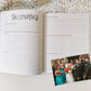Two page spread in prompted engagement journal. Left page is titled the ceremony with prompts and blank lines beneath each prompt. Right page has only prompts with blank lines beneath each prompt.