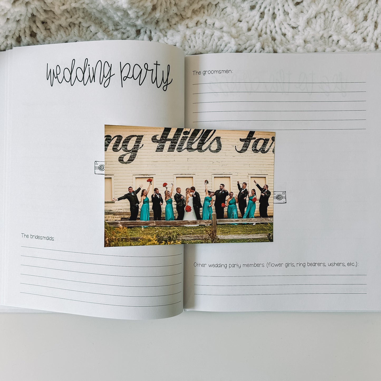 Two page spread in prompted engagement journal. Left page is titled wedding party with space for a photo and the prompt bridesmaids with lines beneath. The right page has the prompt groomsmen with lines and space for a photo