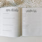 Two page spread in prompted engagement journal. Left page is titled more details with prompts and blank lines. Right page is titled vendor list with wedding vendors types listed and a blank line next to each.