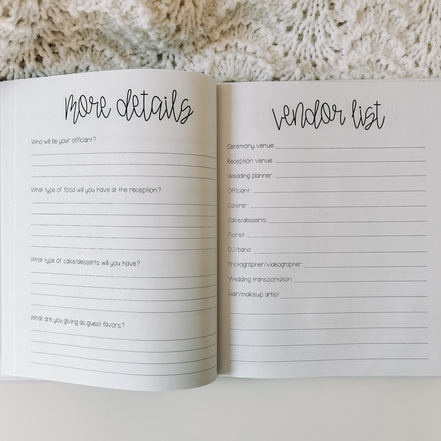 Two page spread in prompted engagement journal. Left page is titled more details with prompts and blank lines. Right page is titled vendor list with wedding vendors types listed and a blank line next to each.