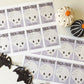 Trick or treat gift tags displayed as they look when printed. 8 tags fit on an 8.5 by 11 inch page. Trick or treat tags have a purple background with cute white skull. Two sheets are displayed. One has the gift giver's name printed and one does not