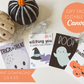 Two pumpkins and four gift tags laid out in a flat lay, hole-punched with sparkly ribbon looped through. Text notes that the gift tags are an instant download, sized 2.5 by 3.5 inches and are editable in Canva.