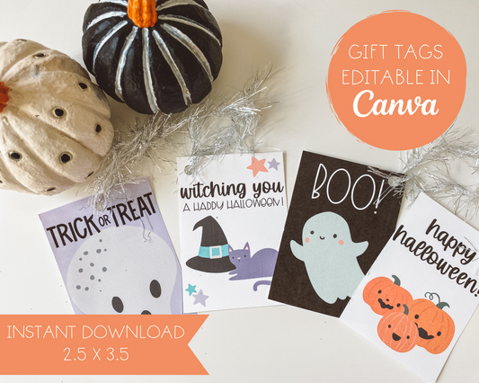 Two pumpkins and four gift tags laid out in a flat lay, hole-punched with sparkly ribbon looped through. Text notes that the gift tags are an instant download, sized 2.5 by 3.5 inches and are editable in Canva.