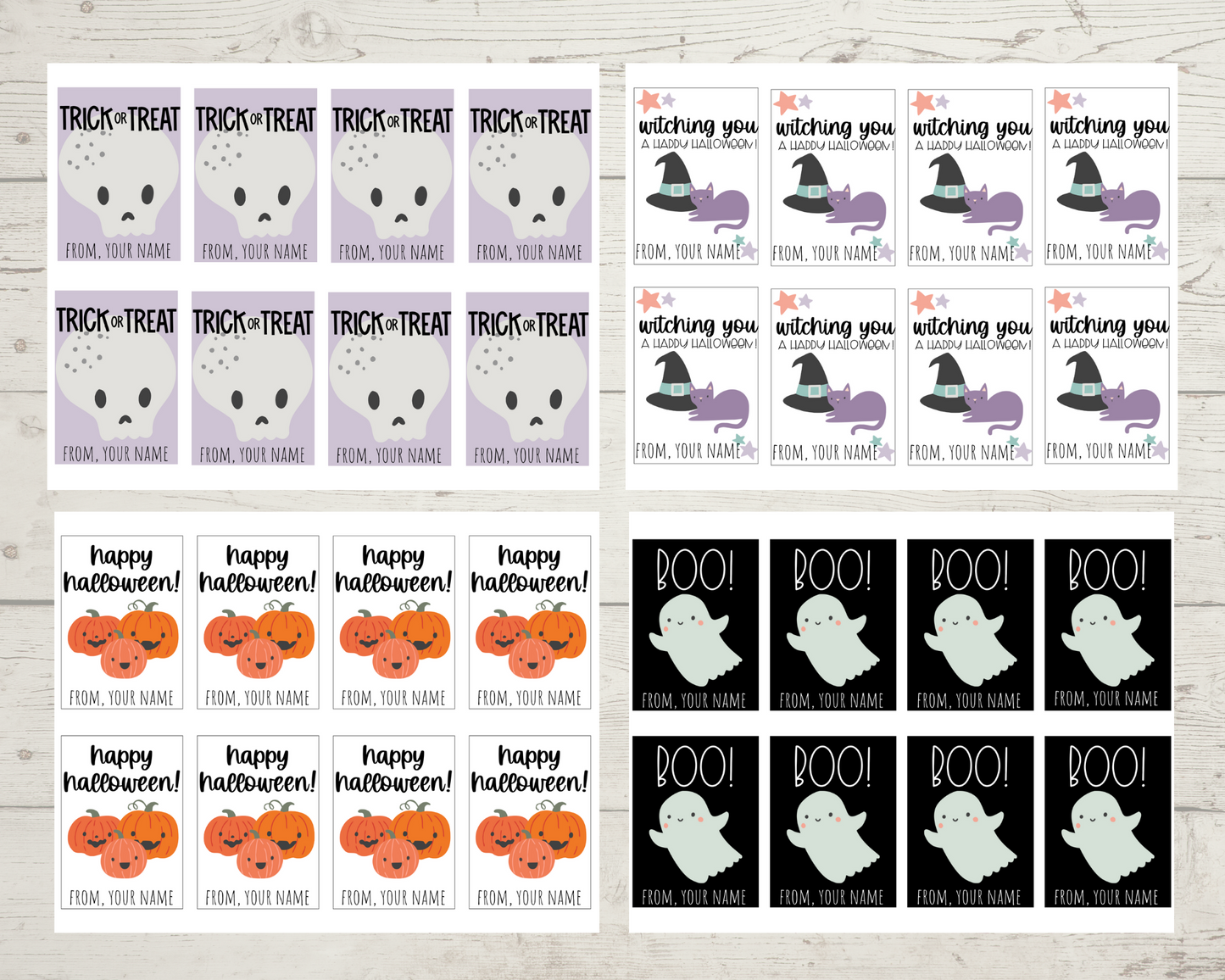 All four PDF pages displayed with the four gift tags designs as they would look when first printed. 8 tags on each page.
