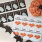 Boo and happy halloween gift tags displayed as they look when printed. 8 tags fit on an 8.5 by 11 inch page. Boo tags have a black background with a bluish white ghost. Happy halloween has a white background with black text and three orange pumpkins